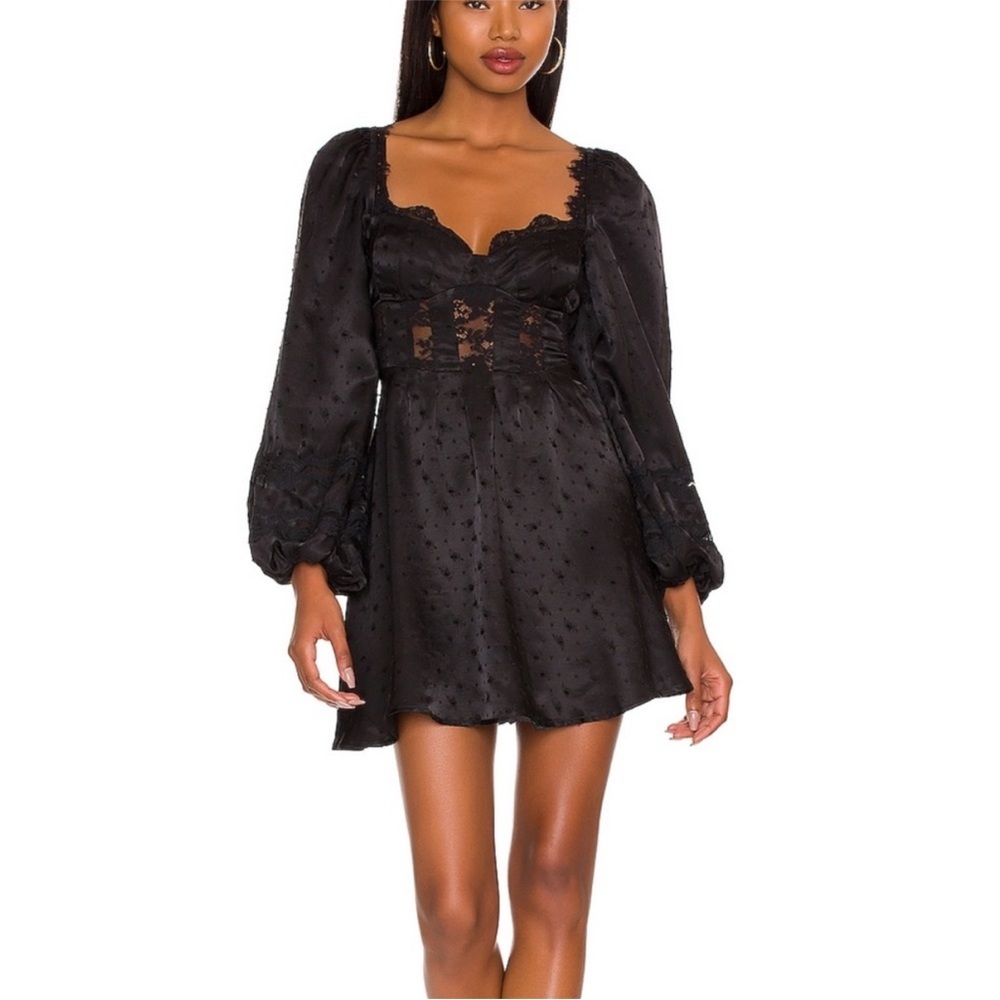 For Love & Lemons Natalie Long Sleeve Lace Mini Dress Black Size M